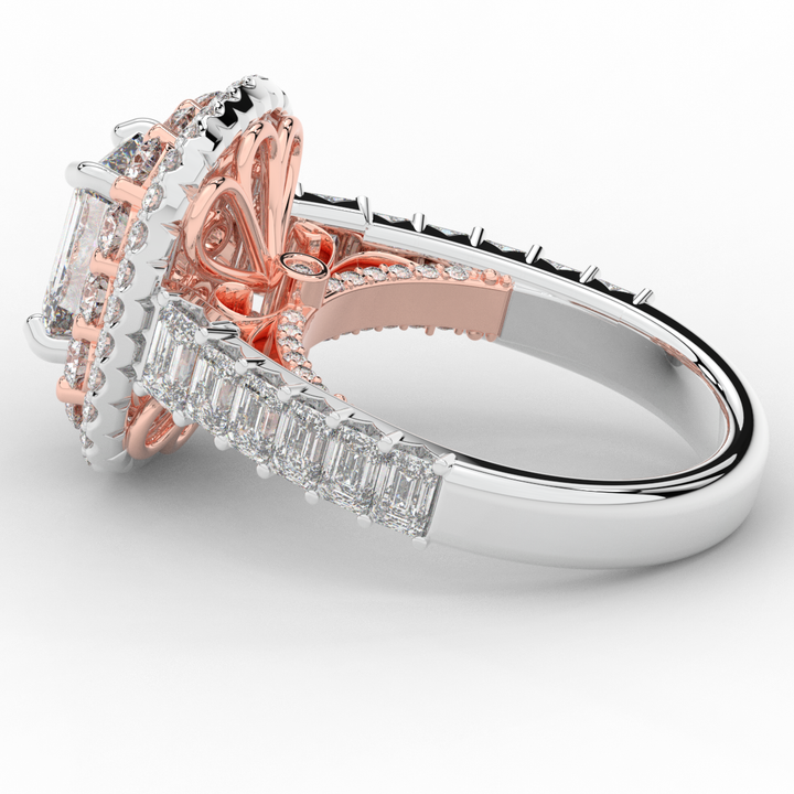 4.70CT.TW EMERALD CUT LAB DIAMOND DOUBLE HALO TWO TONE ENGAGEMENT RING - Nazarelle