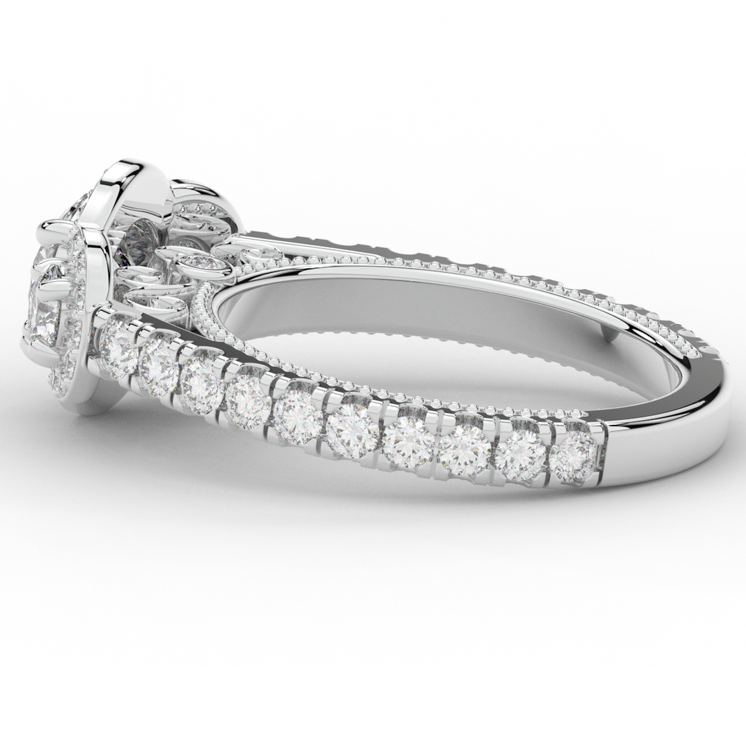 2.15CT.TW ROUND LAB DIAMOND 3 STONE HALO ENGAGEMENT RING - Nazarelle