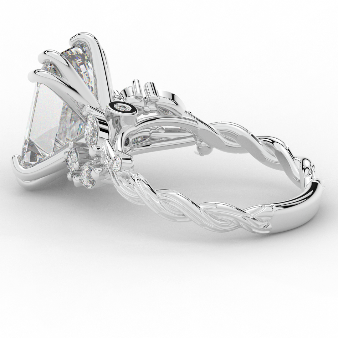 5.30CT.TW EMERALD CUT LAB DIAMOND STYLIZED VINE AND TREE BARK FINISH ENGAGEMENT RING - Nazarelle