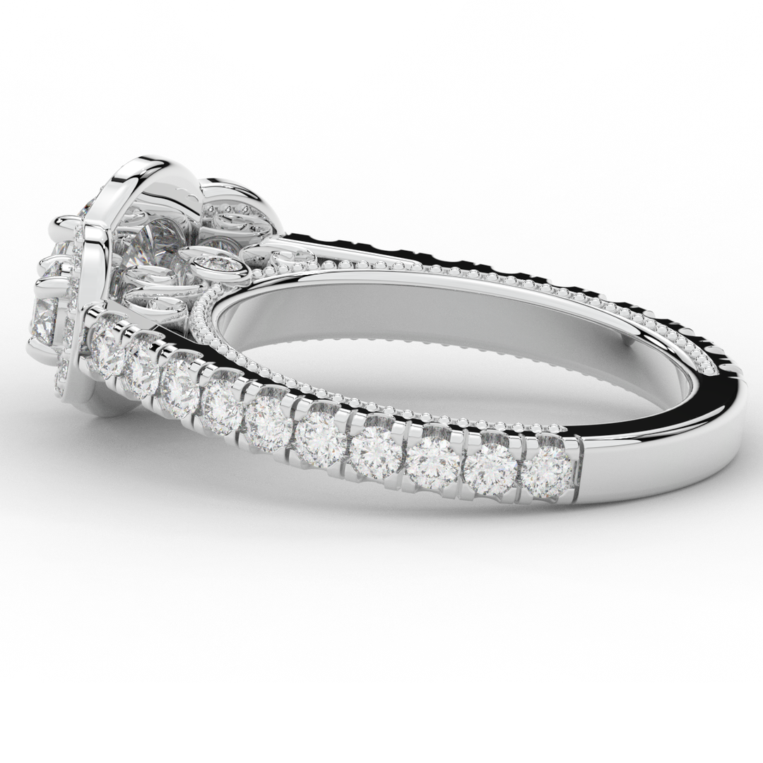 2.15CT.TW ROUND LAB DIAMOND 3 STONE HALO ENGAGEMENT RING - Nazarelle