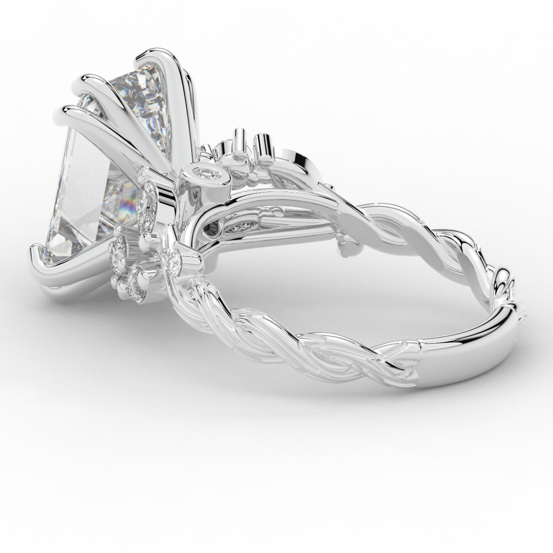 5.30CT.TW EMERALD CUT LAB DIAMOND STYLIZED VINE AND TREE BARK FINISH ENGAGEMENT RING - Nazarelle