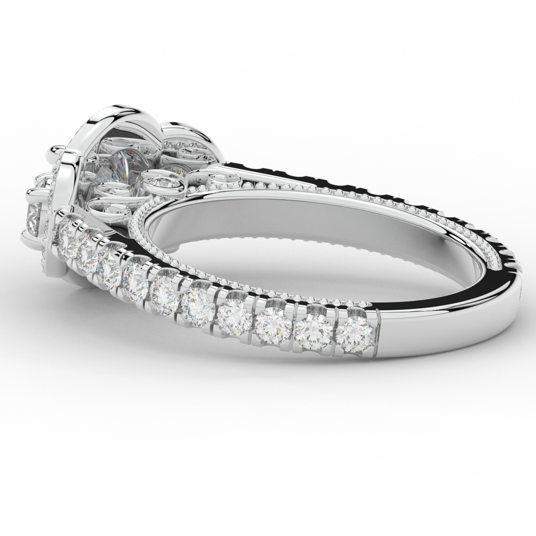 2.15CT.TW ROUND LAB DIAMOND 3 STONE HALO ENGAGEMENT RING - Nazarelle
