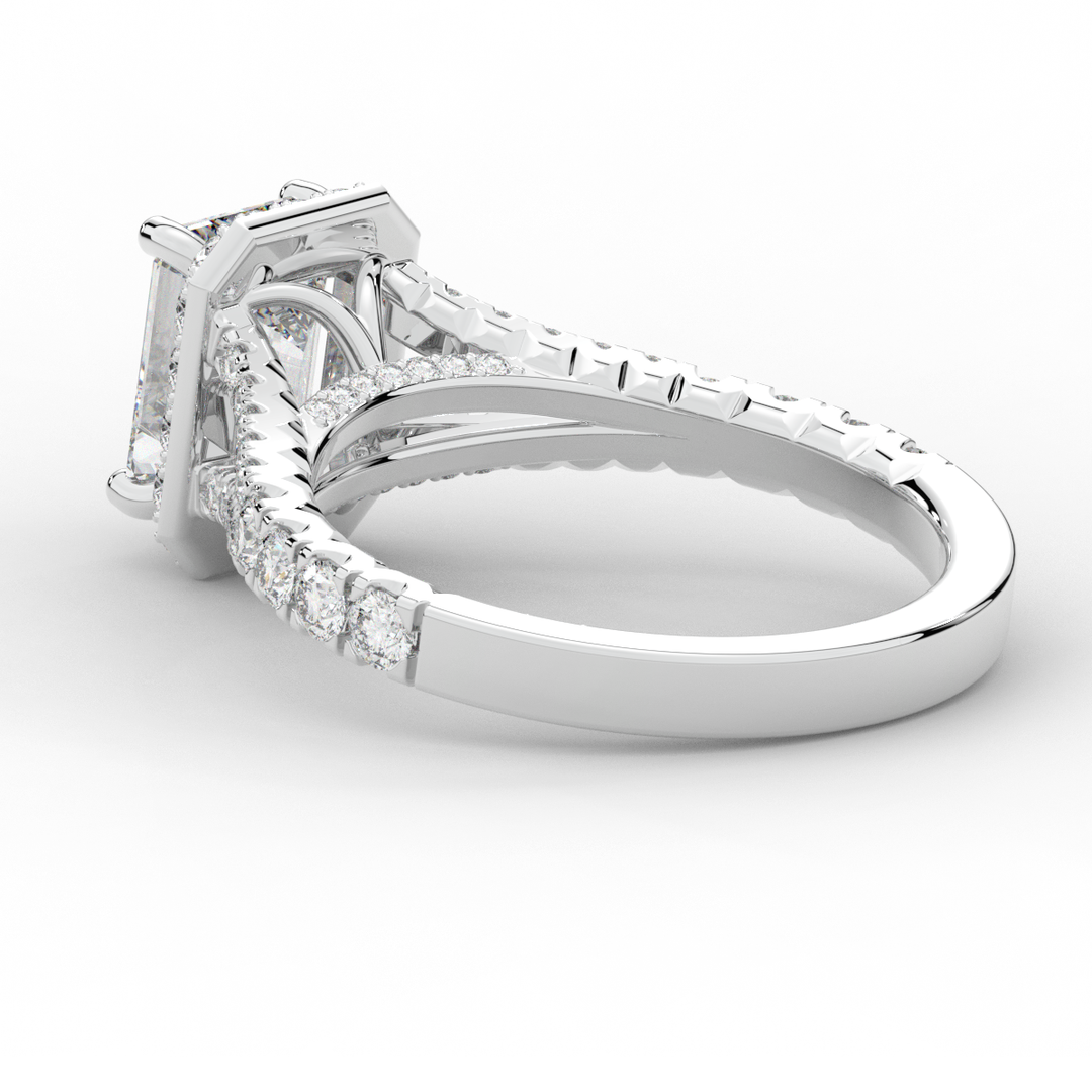 2.60CT.TW EMERALD CUT LAB DIAMOND SPLIT SHANK HALO ENGAGEMENT RING - Nazarelle