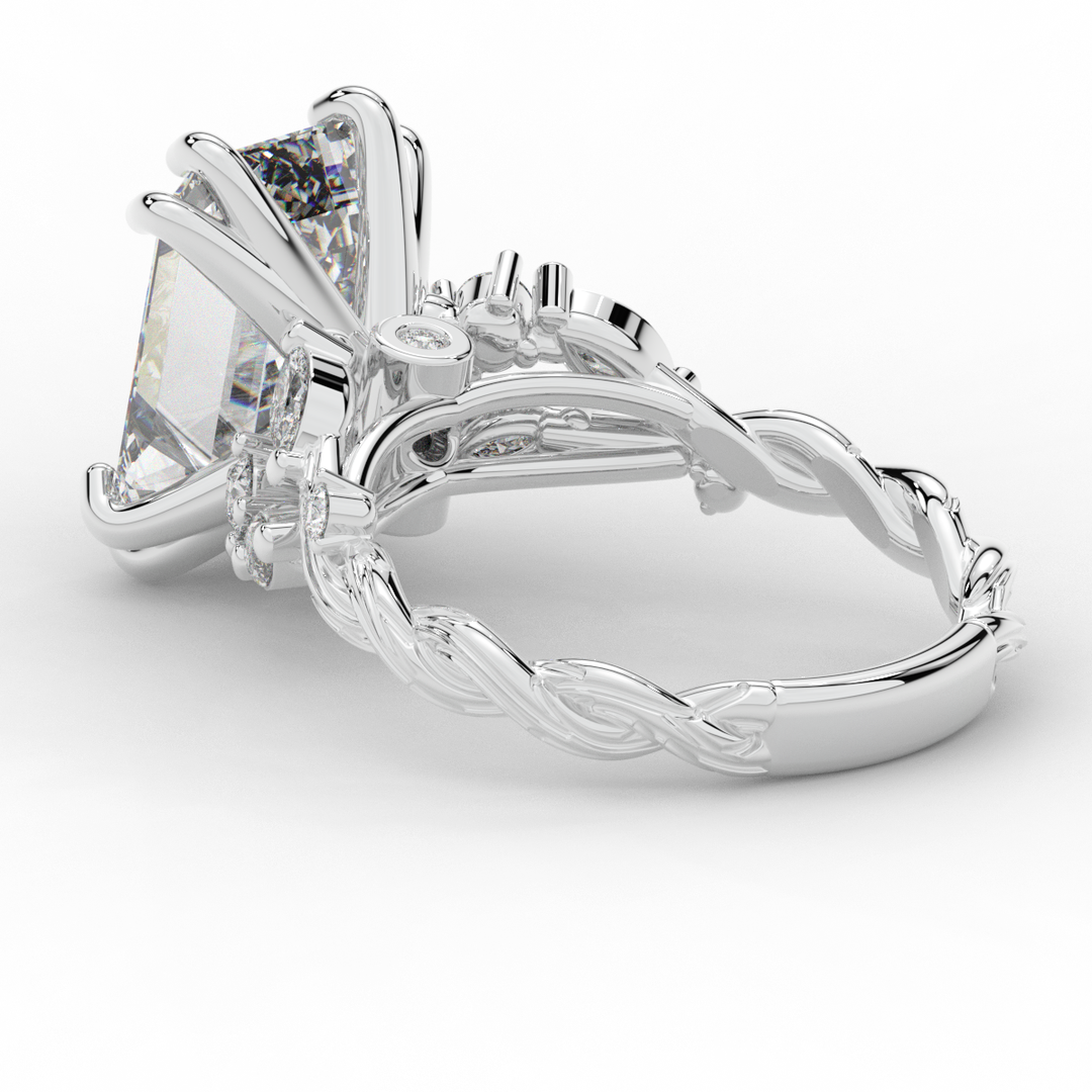 5.30CT.TW EMERALD CUT LAB DIAMOND STYLIZED VINE AND TREE BARK FINISH ENGAGEMENT RING - Nazarelle