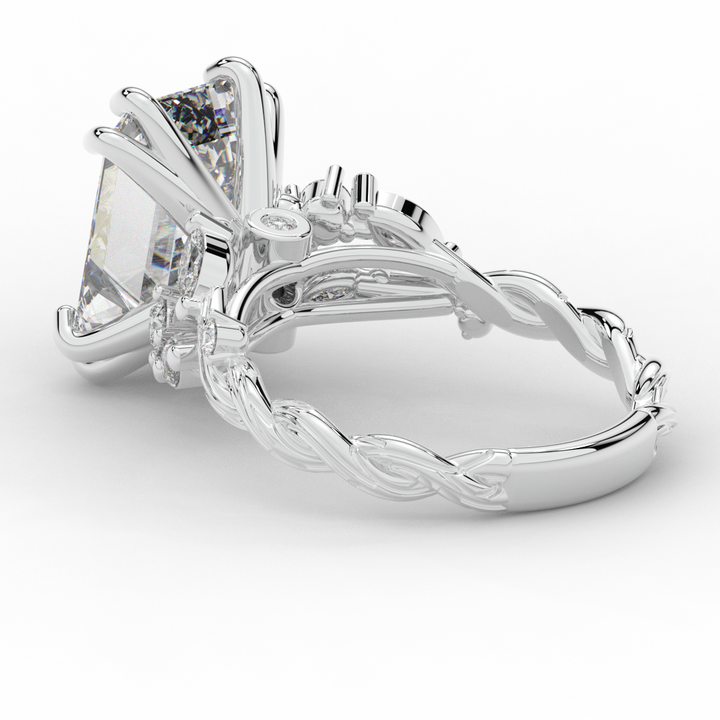 5.30CT.TW EMERALD CUT LAB DIAMOND STYLIZED VINE AND TREE BARK FINISH ENGAGEMENT RING - Nazarelle