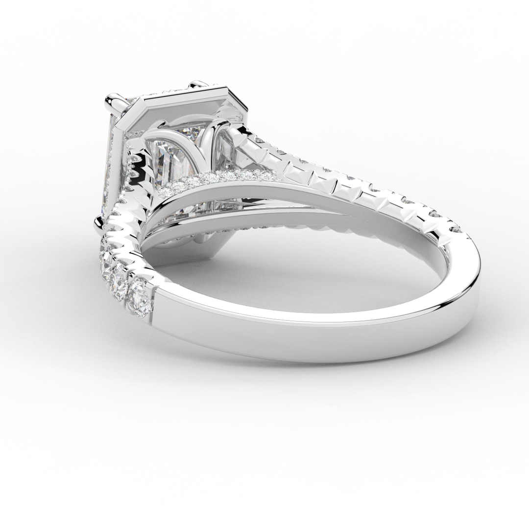 2.60CT.TW EMERALD CUT LAB DIAMOND SPLIT SHANK HALO ENGAGEMENT RING - Nazarelle