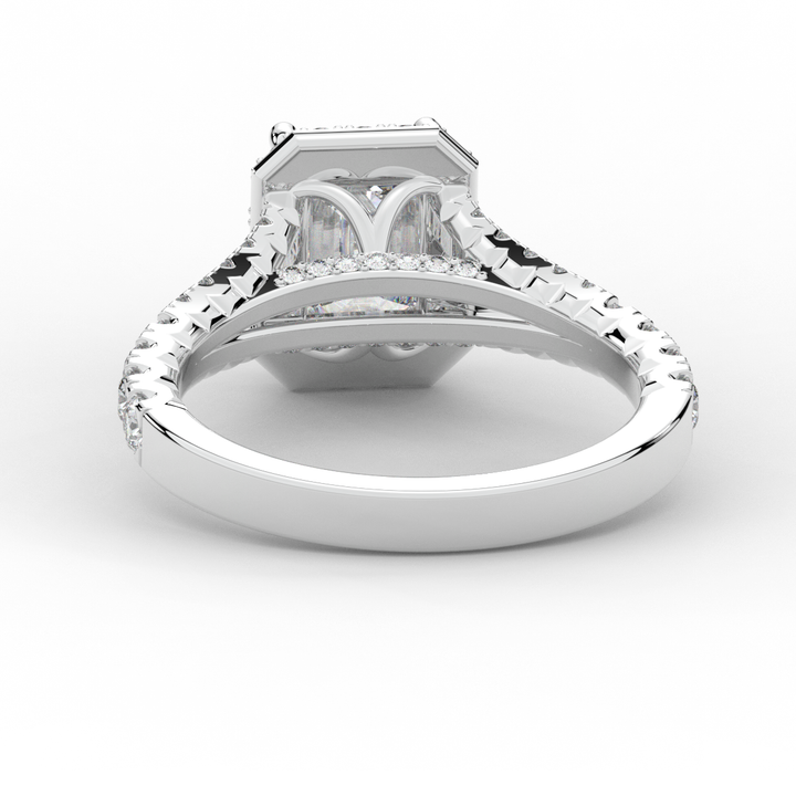 2.60CT.TW EMERALD CUT LAB DIAMOND SPLIT SHANK HALO ENGAGEMENT RING - Nazarelle