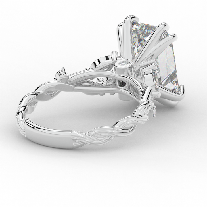 5.30CT.TW EMERALD CUT LAB DIAMOND STYLIZED VINE AND TREE BARK FINISH ENGAGEMENT RING - Nazarelle