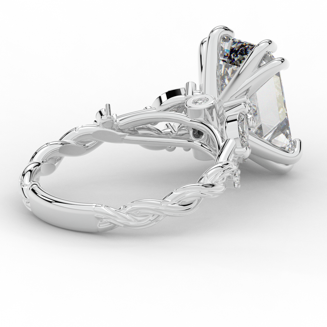 5.30CT.TW EMERALD CUT LAB DIAMOND STYLIZED VINE AND TREE BARK FINISH ENGAGEMENT RING - Nazarelle