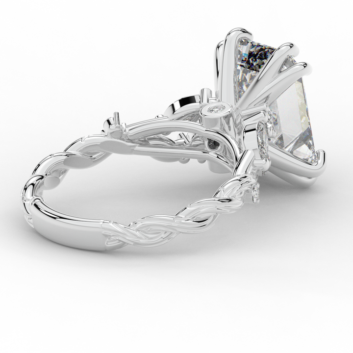 5.30CT.TW EMERALD CUT LAB DIAMOND STYLIZED VINE AND TREE BARK FINISH ENGAGEMENT RING - Nazarelle