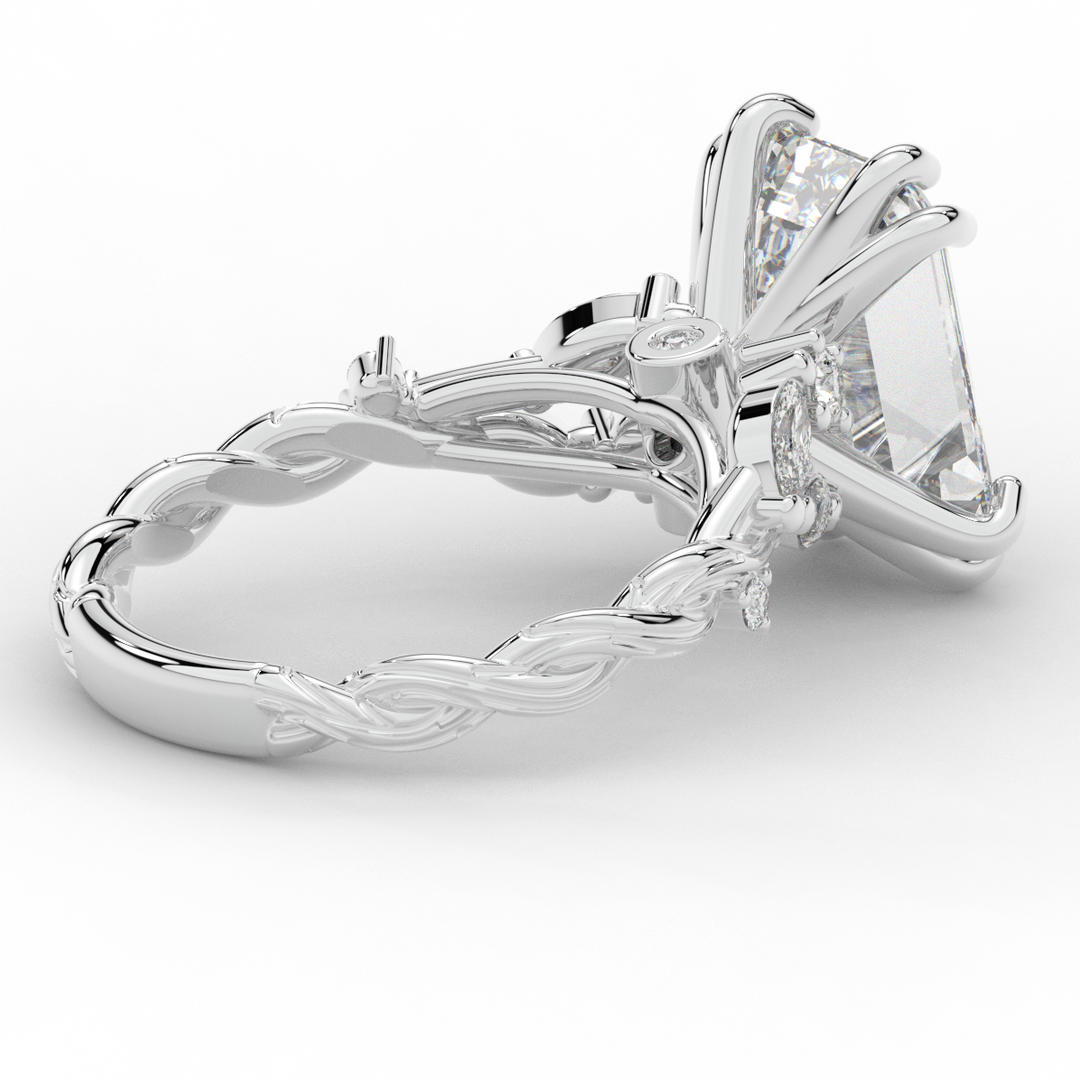 5.30CT.TW EMERALD CUT LAB DIAMOND STYLIZED VINE AND TREE BARK FINISH ENGAGEMENT RING - Nazarelle