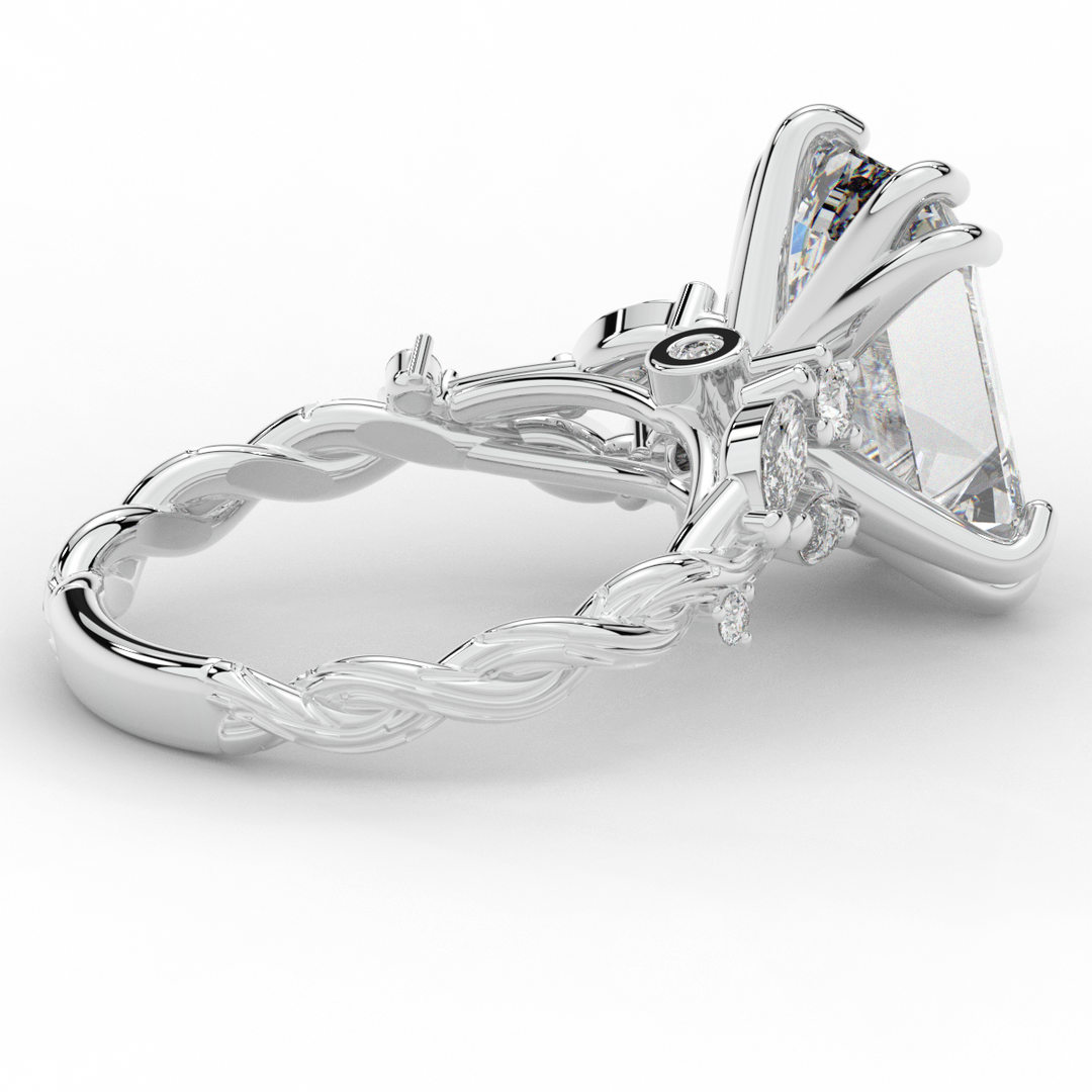 5.30CT.TW EMERALD CUT LAB DIAMOND STYLIZED VINE AND TREE BARK FINISH ENGAGEMENT RING - Nazarelle