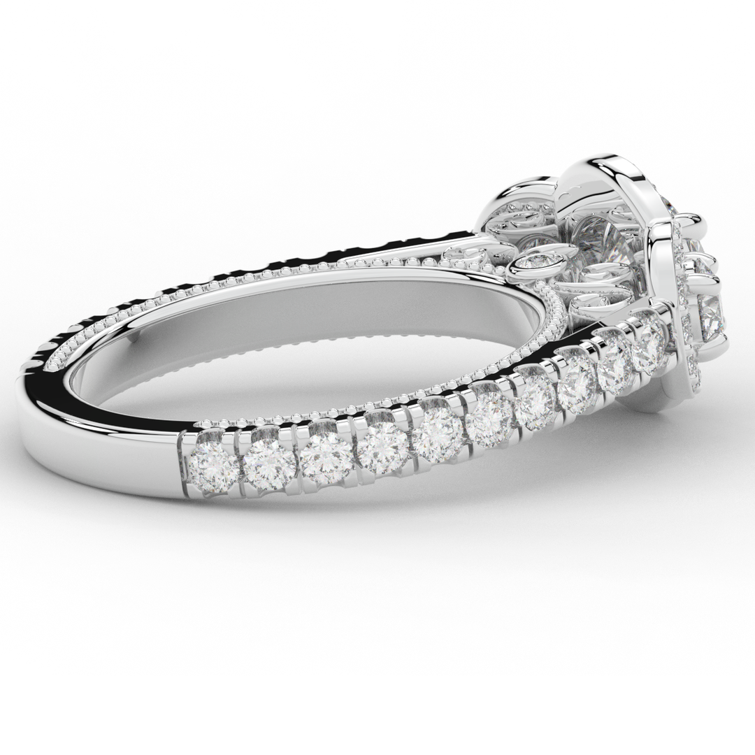 2.15CT.TW ROUND LAB DIAMOND 3 STONE HALO ENGAGEMENT RING - Nazarelle