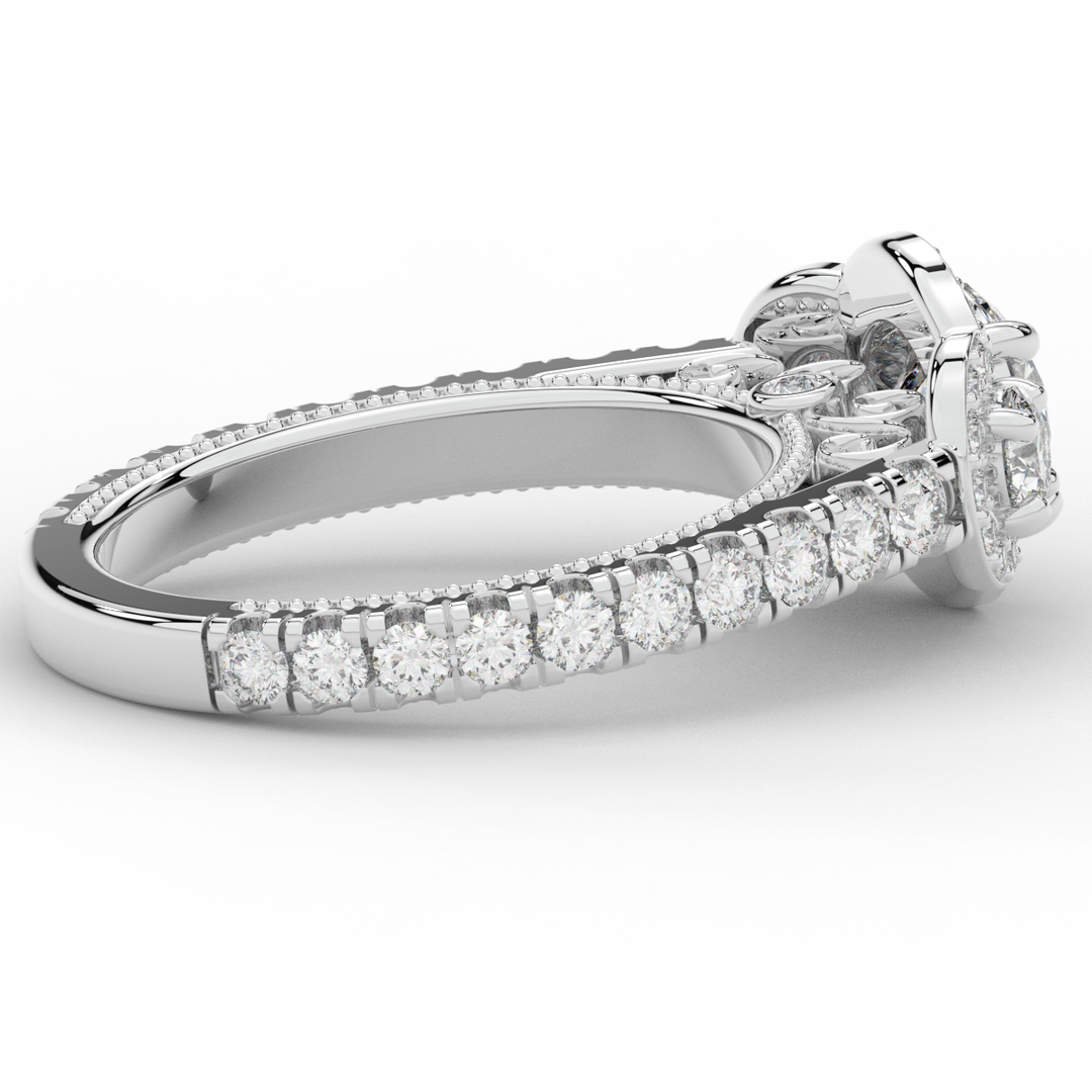 2.15CT.TW ROUND LAB DIAMOND 3 STONE HALO ENGAGEMENT RING - Nazarelle
