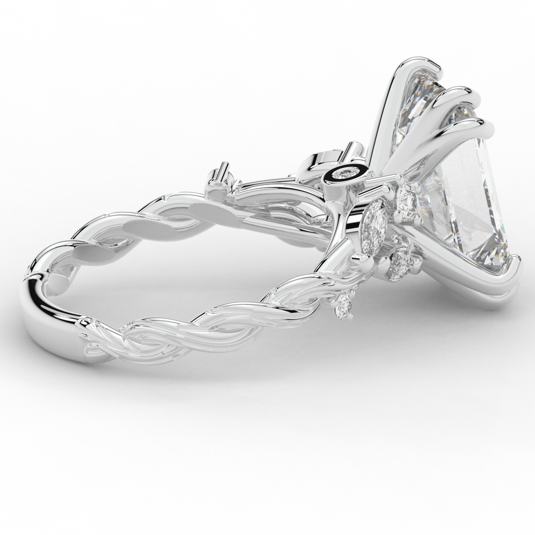 5.30CT.TW EMERALD CUT LAB DIAMOND STYLIZED VINE AND TREE BARK FINISH ENGAGEMENT RING - Nazarelle
