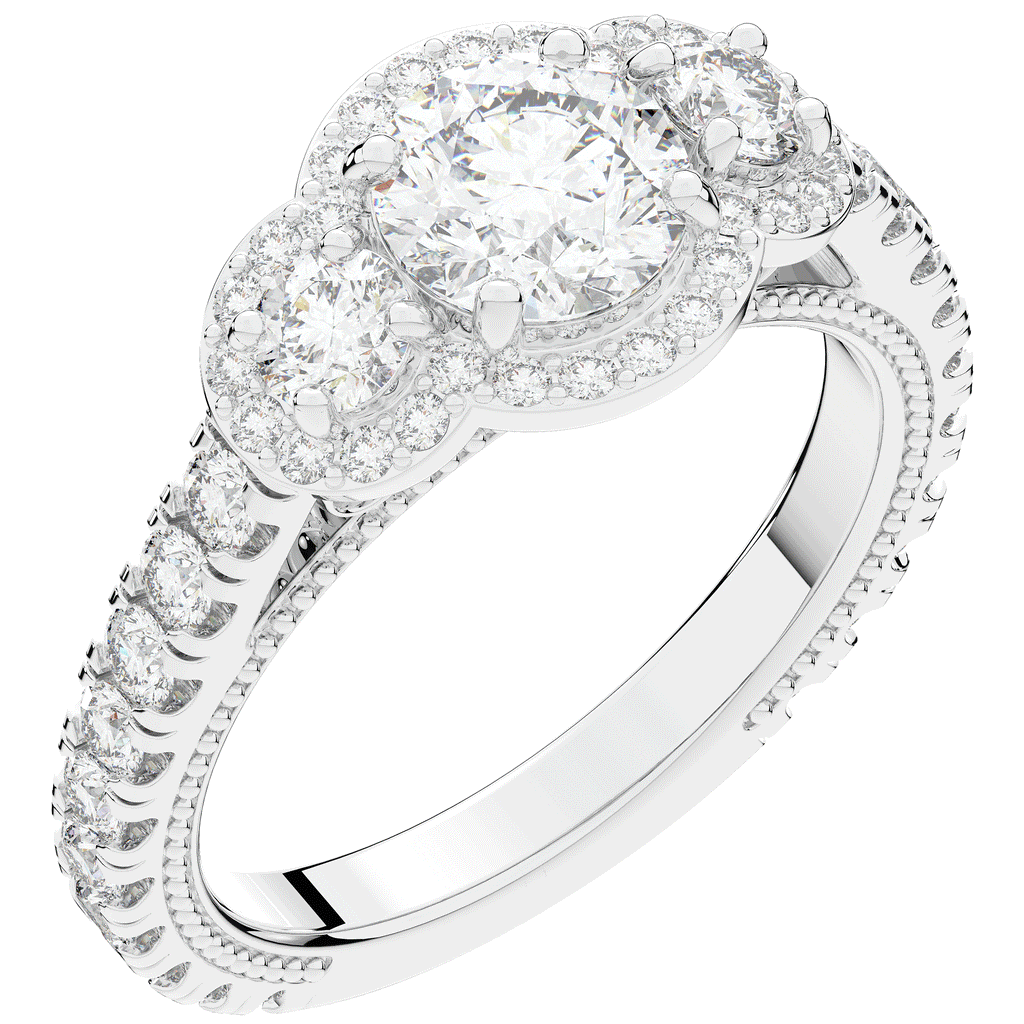 2.15CT.TW ROUND LAB DIAMOND 3 STONE HALO ENGAGEMENT RING - Nazarelle