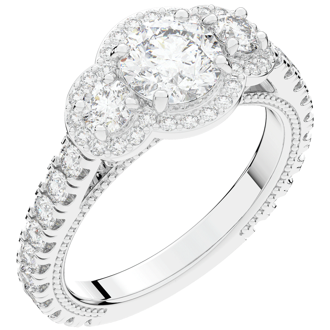 2.15CT.TW ROUND LAB DIAMOND 3 STONE HALO ENGAGEMENT RING - Nazarelle