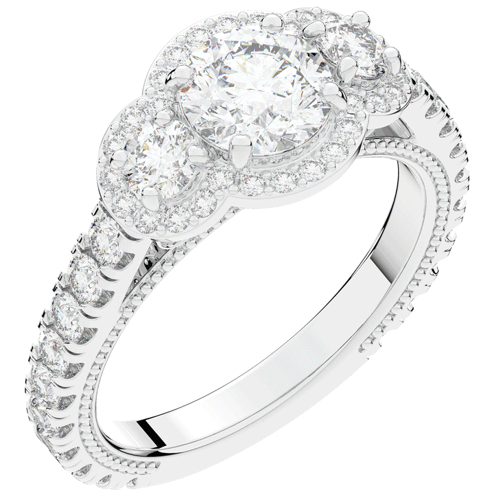 2.15CT.TW ROUND LAB DIAMOND 3 STONE HALO ENGAGEMENT RING - Nazarelle