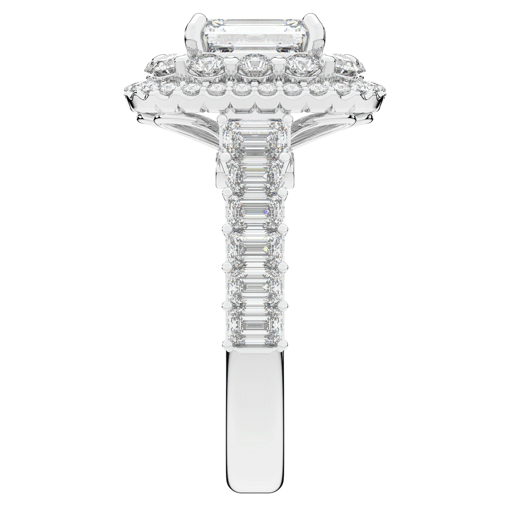 4.70CT.TW EMERALD CUT LAB DIAMOND DOUBLE HALO TWO TONE ENGAGEMENT RING - Nazarelle