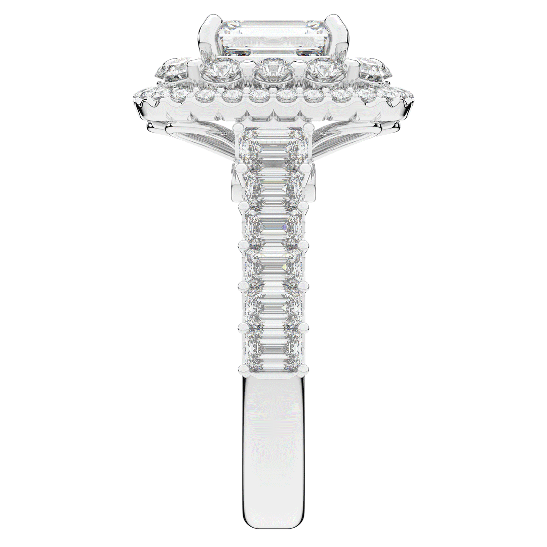 4.70CT.TW EMERALD CUT LAB DIAMOND DOUBLE HALO TWO TONE ENGAGEMENT RING - Nazarelle