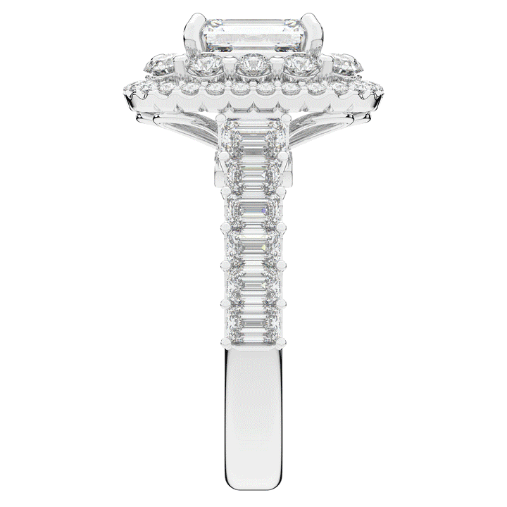 4.70CT.TW EMERALD CUT LAB DIAMOND DOUBLE HALO TWO TONE ENGAGEMENT RING - Nazarelle