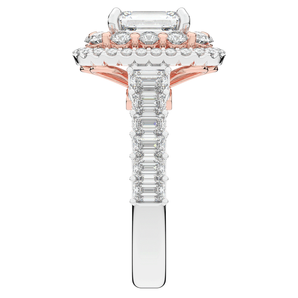4.70CT.TW EMERALD CUT LAB DIAMOND DOUBLE HALO TWO TONE ENGAGEMENT RING - Nazarelle