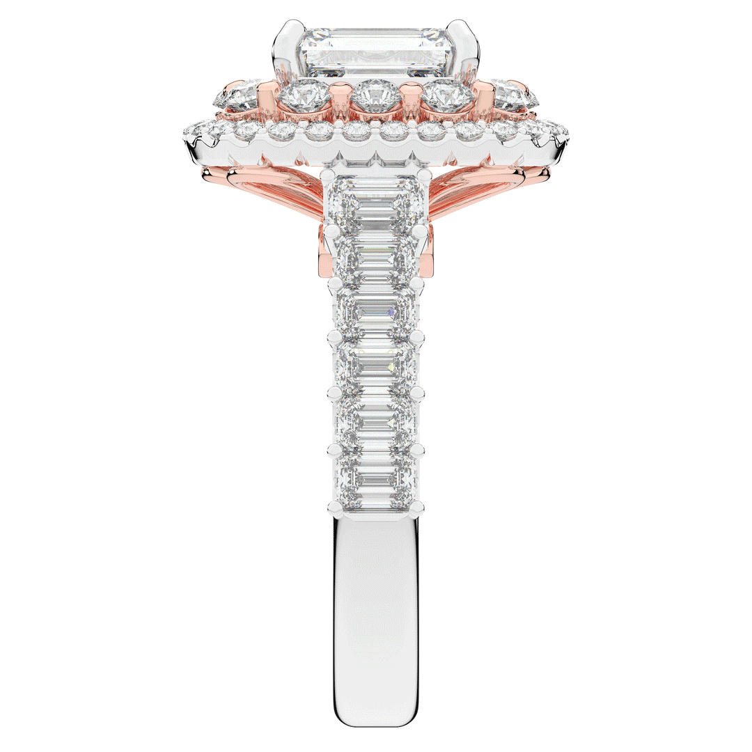 4.70CT.TW EMERALD CUT LAB DIAMOND DOUBLE HALO TWO TONE ENGAGEMENT RING - Nazarelle