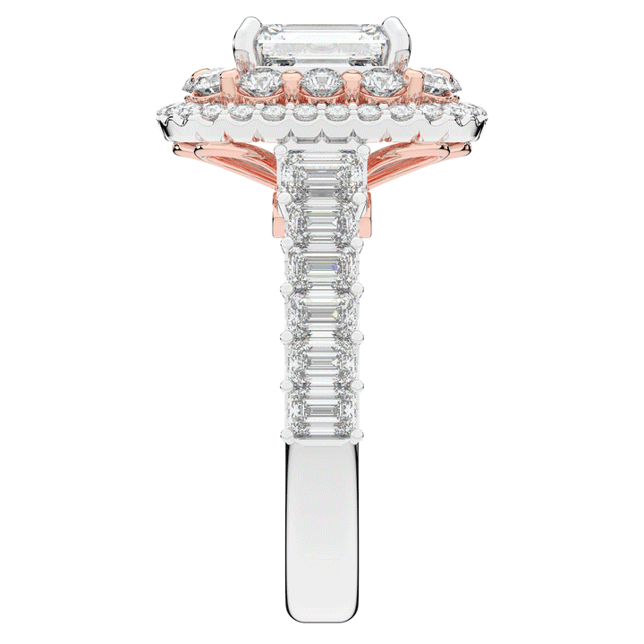 4.70CT.TW EMERALD CUT LAB DIAMOND DOUBLE HALO TWO TONE ENGAGEMENT RING - Nazarelle
