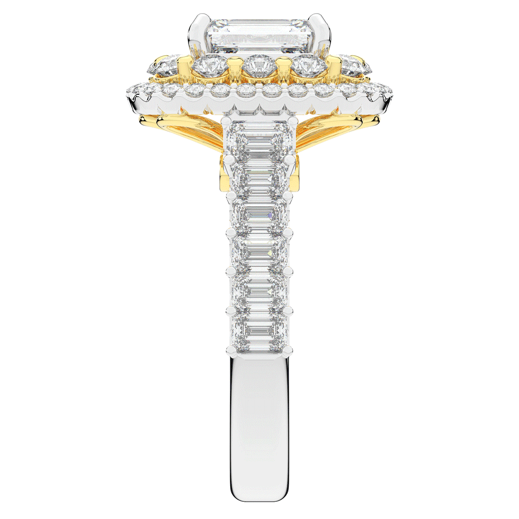 4.70CT.TW EMERALD CUT LAB DIAMOND DOUBLE HALO TWO TONE ENGAGEMENT RING - Nazarelle