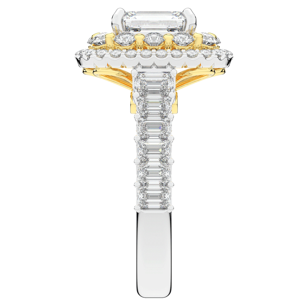 4.70CT.TW EMERALD CUT LAB DIAMOND DOUBLE HALO TWO TONE ENGAGEMENT RING - Nazarelle