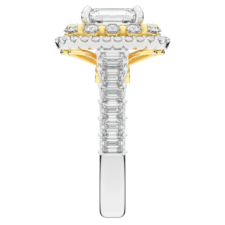 4.70CT.TW EMERALD CUT LAB DIAMOND DOUBLE HALO TWO TONE ENGAGEMENT RING - Nazarelle