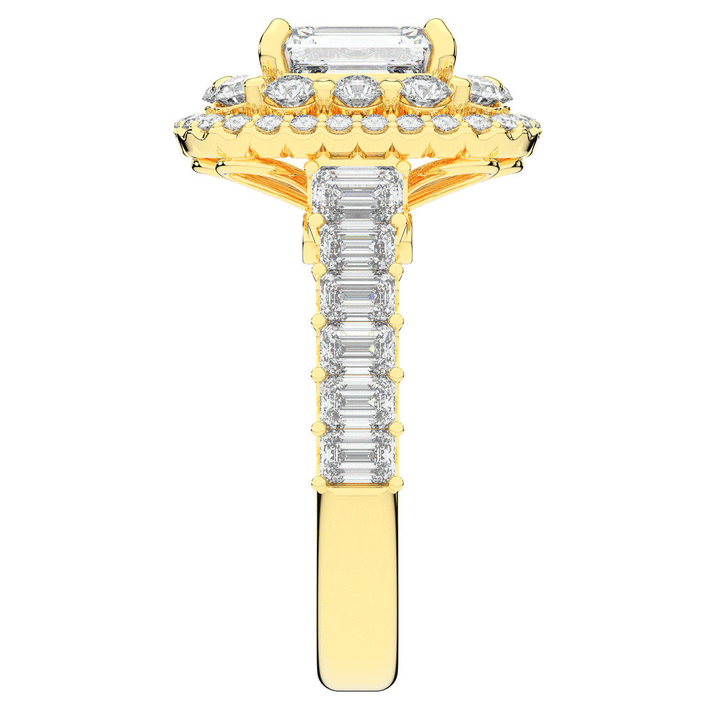 4.70CT.TW EMERALD CUT LAB DIAMOND DOUBLE HALO TWO TONE ENGAGEMENT RING - Nazarelle