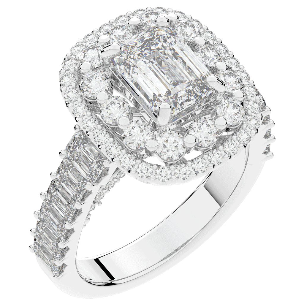 4.70CT.TW EMERALD CUT LAB DIAMOND DOUBLE HALO TWO TONE ENGAGEMENT RING - Nazarelle