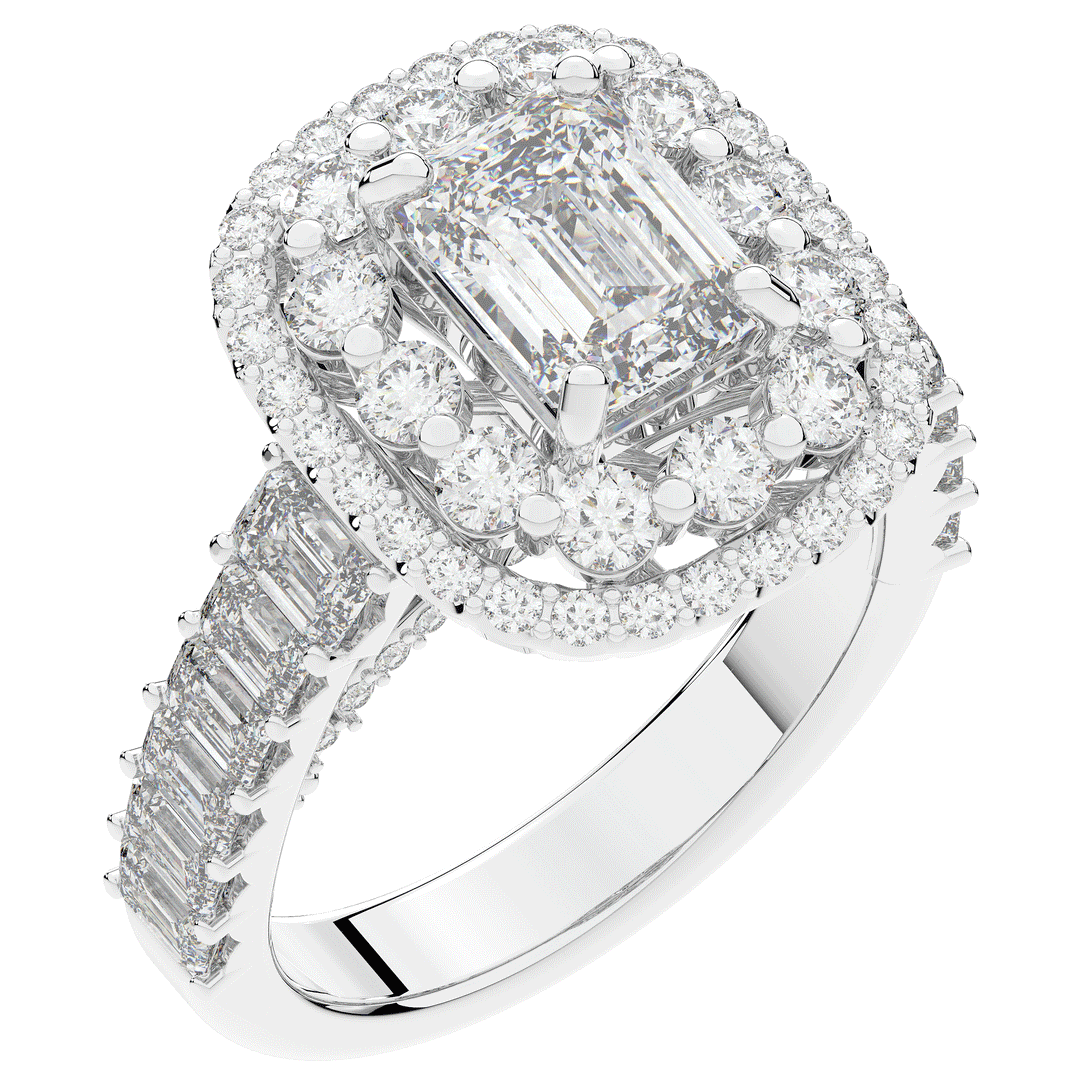 4.70CT.TW EMERALD CUT LAB DIAMOND DOUBLE HALO TWO TONE ENGAGEMENT RING - Nazarelle