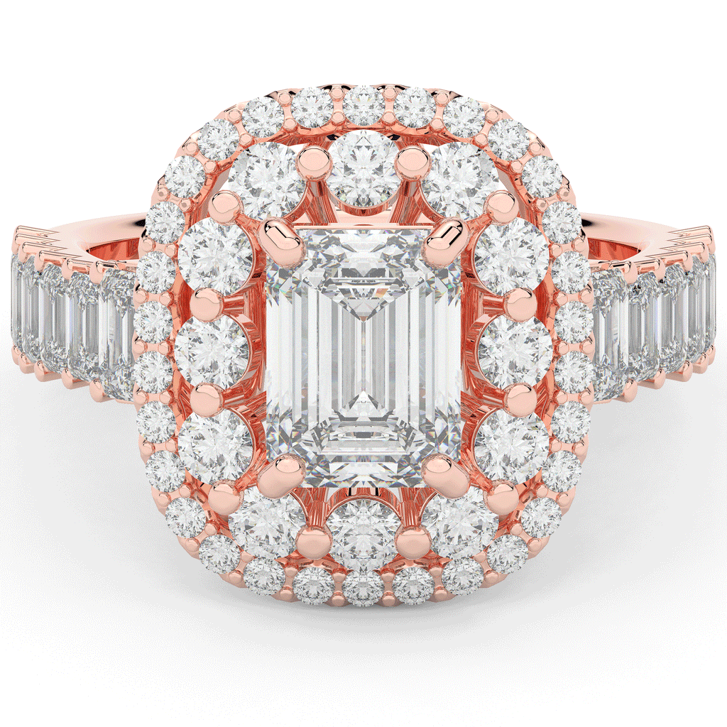 4.70CT.TW EMERALD CUT LAB DIAMOND DOUBLE HALO TWO TONE ENGAGEMENT RING - Nazarelle