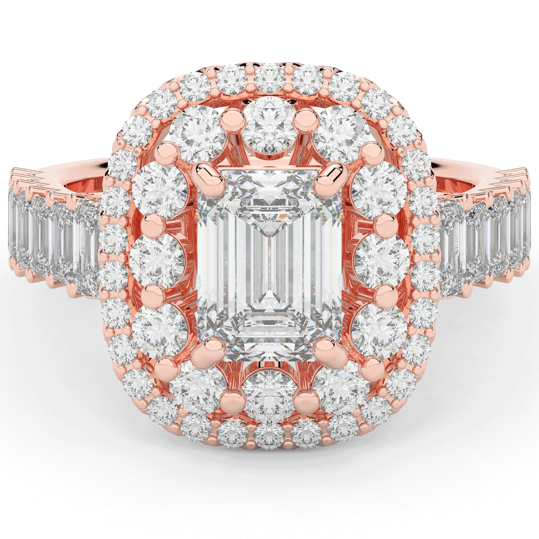4.70CT.TW EMERALD CUT LAB DIAMOND DOUBLE HALO TWO TONE ENGAGEMENT RING - Nazarelle