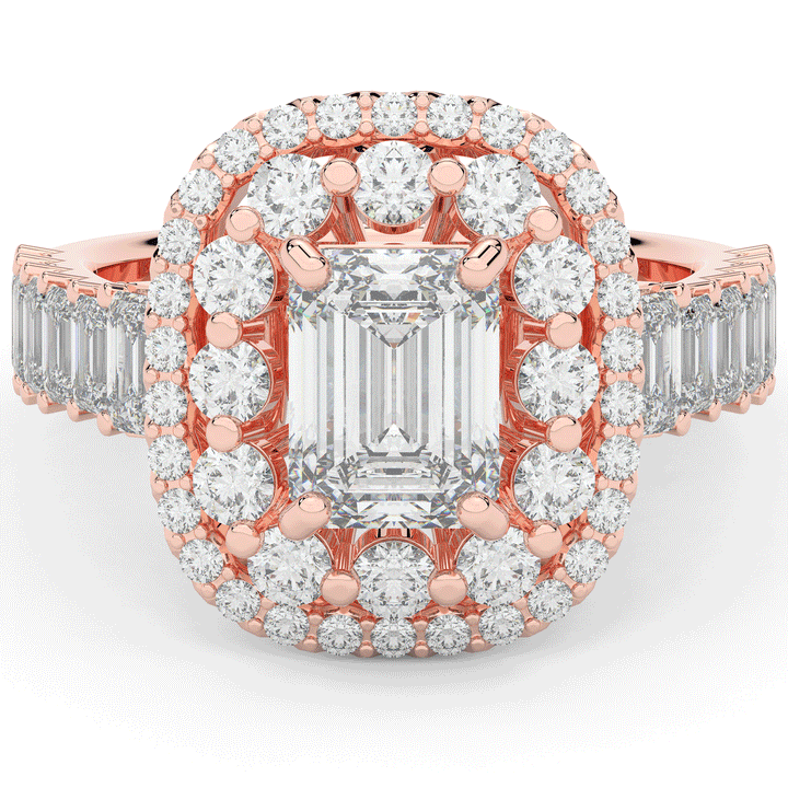 4.70CT.TW EMERALD CUT LAB DIAMOND DOUBLE HALO TWO TONE ENGAGEMENT RING - Nazarelle