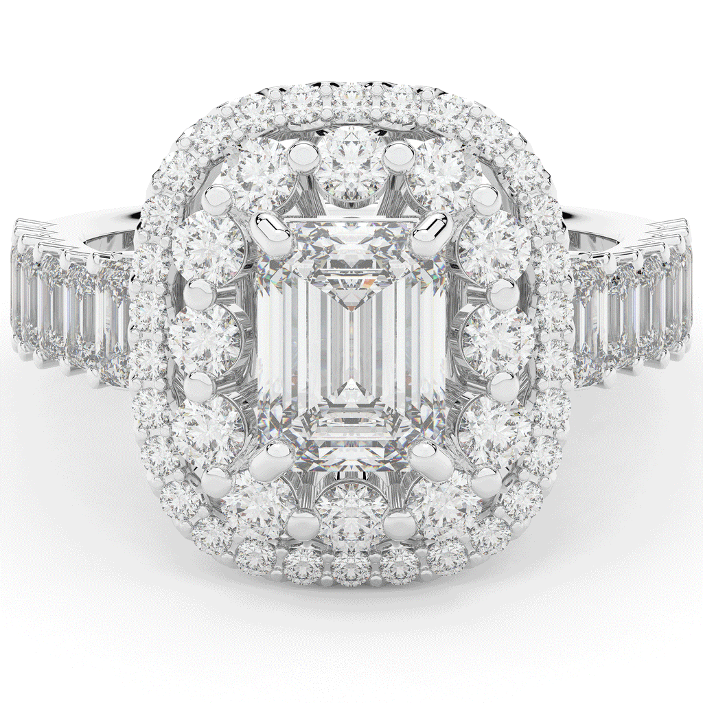 4.70CT.TW EMERALD CUT LAB DIAMOND DOUBLE HALO TWO TONE ENGAGEMENT RING - Nazarelle