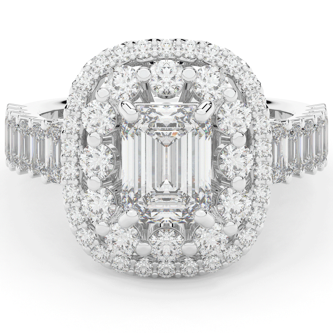 4.70CT.TW EMERALD CUT LAB DIAMOND DOUBLE HALO TWO TONE ENGAGEMENT RING - Nazarelle