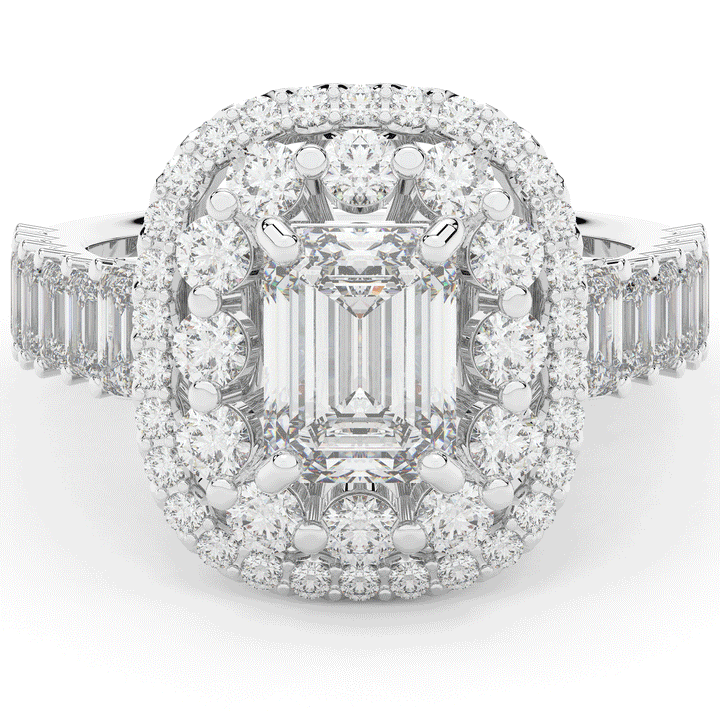4.70CT.TW EMERALD CUT LAB DIAMOND DOUBLE HALO TWO TONE ENGAGEMENT RING - Nazarelle