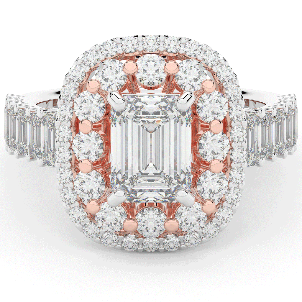 4.70CT.TW EMERALD CUT LAB DIAMOND DOUBLE HALO TWO TONE ENGAGEMENT RING - Nazarelle