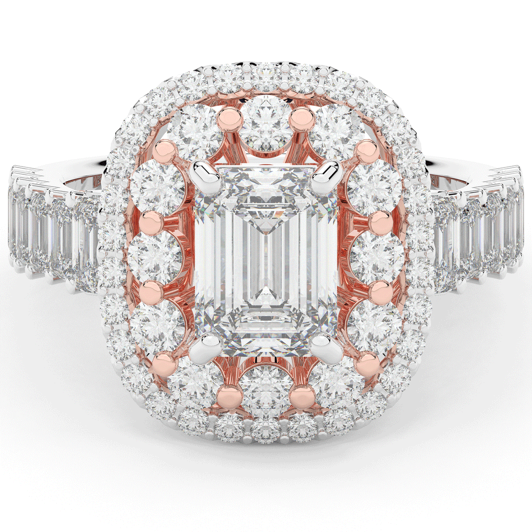4.70CT.TW EMERALD CUT LAB DIAMOND DOUBLE HALO TWO TONE ENGAGEMENT RING - Nazarelle