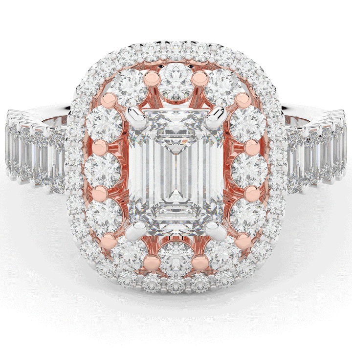 4.70CT.TW EMERALD CUT LAB DIAMOND DOUBLE HALO TWO TONE ENGAGEMENT RING - Nazarelle