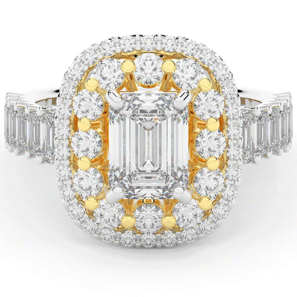 4.70CT.TW EMERALD CUT LAB DIAMOND DOUBLE HALO TWO TONE ENGAGEMENT RING - Nazarelle