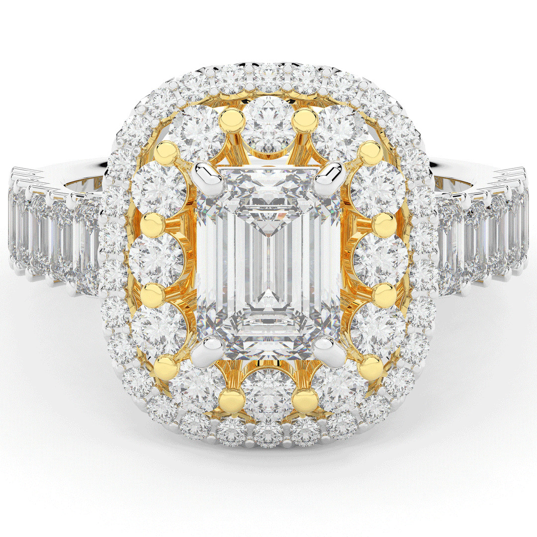 4.70CT.TW EMERALD CUT LAB DIAMOND DOUBLE HALO TWO TONE ENGAGEMENT RING - Nazarelle