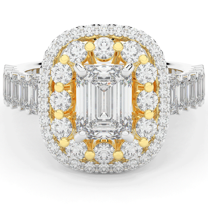 4.70CT.TW EMERALD CUT LAB DIAMOND DOUBLE HALO TWO TONE ENGAGEMENT RING - Nazarelle