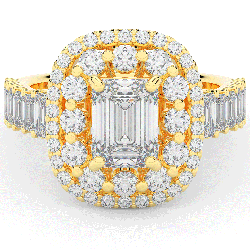 4.70CT.TW EMERALD CUT LAB DIAMOND DOUBLE HALO TWO TONE ENGAGEMENT RING - Nazarelle