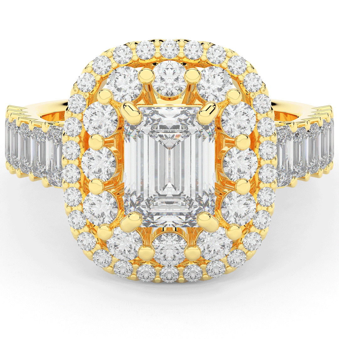 4.70CT.TW EMERALD CUT LAB DIAMOND DOUBLE HALO TWO TONE ENGAGEMENT RING - Nazarelle