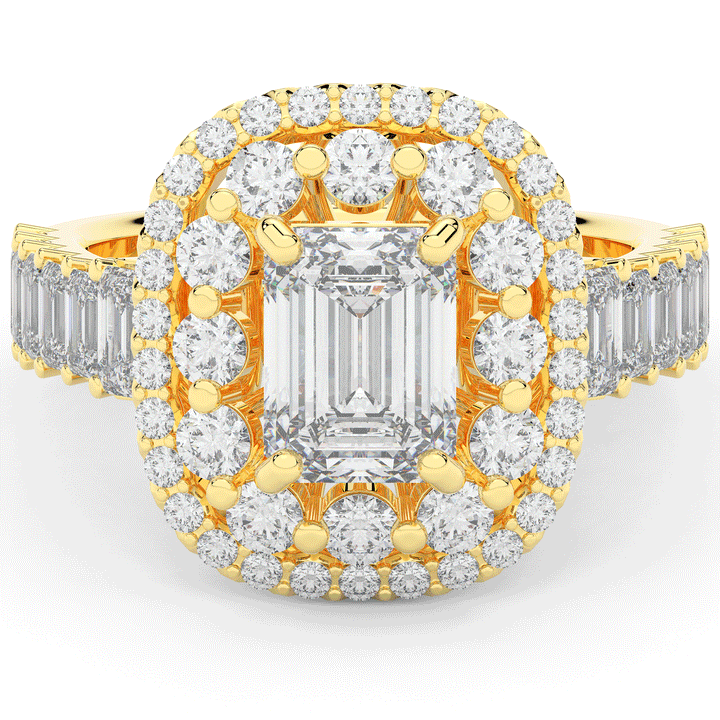 4.70CT.TW EMERALD CUT LAB DIAMOND DOUBLE HALO TWO TONE ENGAGEMENT RING - Nazarelle