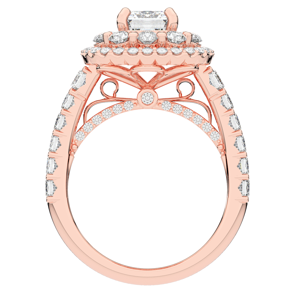 4.70CT.TW EMERALD CUT LAB DIAMOND DOUBLE HALO TWO TONE ENGAGEMENT RING - Nazarelle